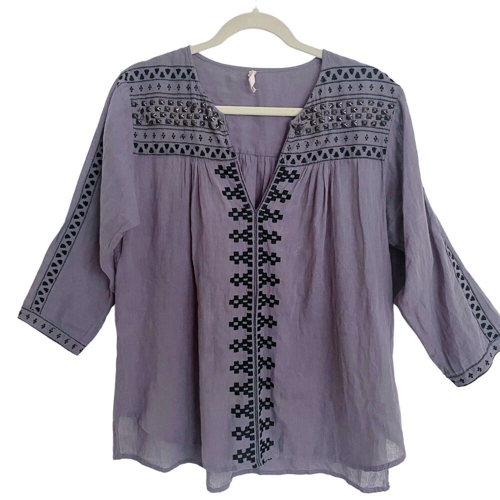 Anthropologie LOVE SAM Midnight Blue Embroidered Top XS 47 bust